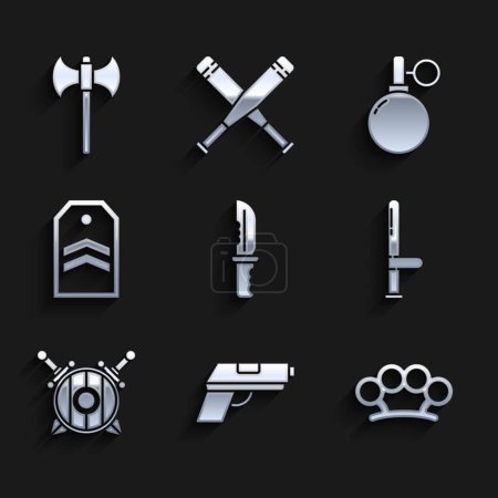 Ilustración de Set Cuchillo militar Pistola o pistola Nudillos de latón Bastón de goma policial Escudo de madera con espadas cruzadas Chevron Granada de mano y hacha medieval icono. Vector. - Imagen libre de derechos
