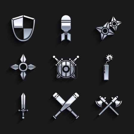 Ilustración de Set Escudo de madera con espadas cruzadas Ejes medievales de bate de béisbol cruzado Reloj de palo bomba dinamita Ninja japonés medieval shuriken y escudo icono. Vector. - Imagen libre de derechos