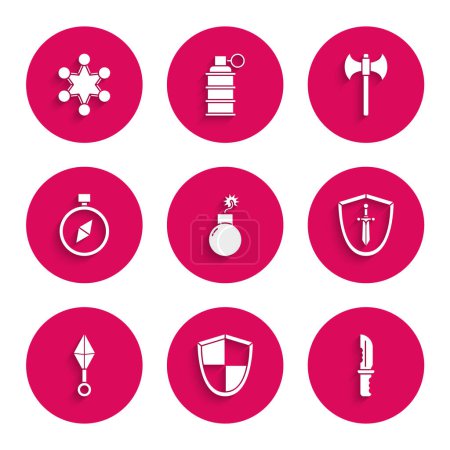Ilustración de Set Bomb listo para explotar, escudo, cuchillo militar, escudo medieval con espada, shuriken ninja japonés, brújula, hacha y el icono de la insignia de la policía. Vector - Imagen libre de derechos