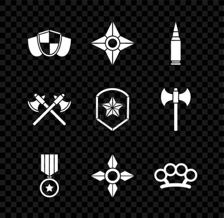 Ilustración de Set Shield Japanese ninja shuriken Bullet Medalla de recompensa militar Nudillos de latón Cruzó ejes medievales y el icono de la insignia de la policía. Vector. - Imagen libre de derechos