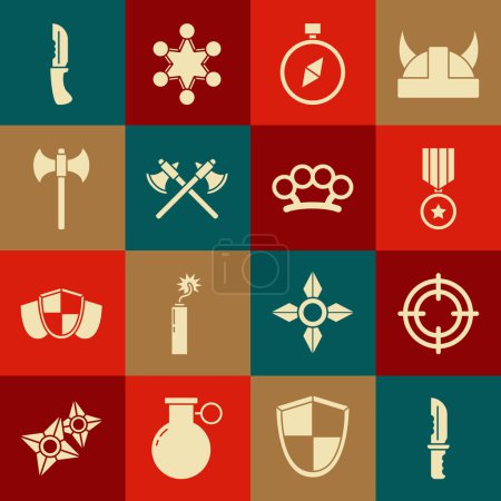 Ilustración de Set Cuchillo militar, deporte objetivo, medalla de recompensa, brújula, hachas medievales cruzadas, medieval, y el icono de los nudillos de latón. Vector - Imagen libre de derechos