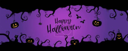 Feliz Halloween Banner o Party Invitation, fondo dibujado a mano con caramelos, calabazas, fantasmas y decoración. Diseño vectorial
