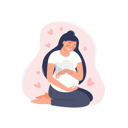 Feliz mujer embarazada sostiene su vientre aislado en rosa. Embarazo femenino sentado con corazones rosados. Ilustración plana vectorial. Concepto de maternidad y estilo de vida saludable para banner, landing page, tarjeta