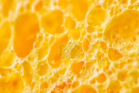 Close-up of the pores of a yellow sponge. A sponge for cleansing the skin after makeup or cosmetic procedures. The texture of the fibers and holes.