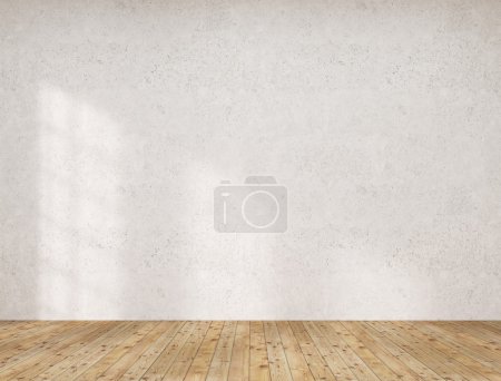 Pared de hormigón, suelo de madera. Concepto de espacio vacío. Prepárate. Renderizado 3D
