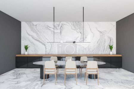 Comedor de mármol y gris con sillas y mesa redonda con platos. Comedor de lujo minimalista con contador de madera largo sobre fondo, 3D renderizado sin personas