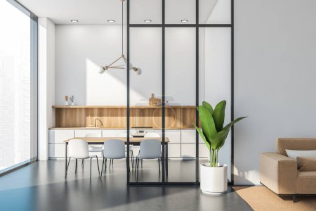 Panoramic white kitchen interior with a simplified cabinet, table, frame chandelier, glass partition wall and wooden details. Concrete floor. Minimalistic design concept. 3d rendering