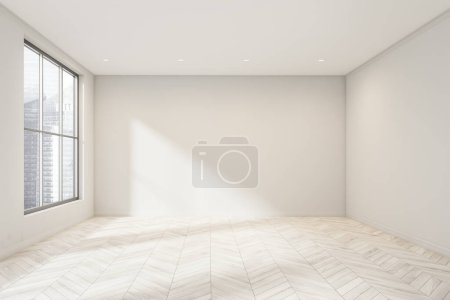 Interior blanco vacío renovado sin muebles. Parquet. Vista frontal. Un concepto de diseño moderno de apartamentos. renderizado 3d Interior blanco vacío renovado sin muebles. Parquet. Vista frontal. Un concepto de diseño moderno de apartamentos. renderizado 3d