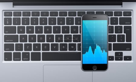 Photo for Black smartphone with graphs on the screen on a laptop keyboard in the office, top view, concept of work and communication, 3D rendering - Royalty Free Image