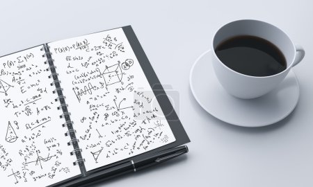 Photo for Fragment of workplace with an organiser open on a page with notes an pictures, a cup of black coffee to the right, making notes. Concept of work - Royalty Free Image
