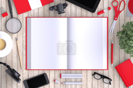 Photo for Open book on table with office objects and blank modern devices. Organized for company presentation or branding identity. Mockup isolated on clear background. Top view. 3d illustration. - Royalty Free Image