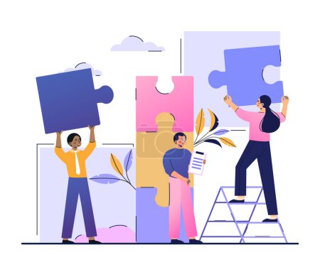 Téléchargez les illustrations : Concept d'entreprise. Métaphore de l'équipe. Les employés de l'entreprise tiennent les pièces du puzzle dans leurs mains et assemblent une image complète. Illustration vectorielle plate de bande dessinée isolée sur un fond blanc - en licence libre de droit