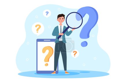 Ilustración de Haz un concepto de pregunta. Un hombre con una gran lupa en sus manos está tratando de encontrar respuestas a las preguntas. Un hombre de negocios resuelve problemas. Dibujos animados ilustración vectorial plana sobre un fondo blanco - Imagen libre de derechos