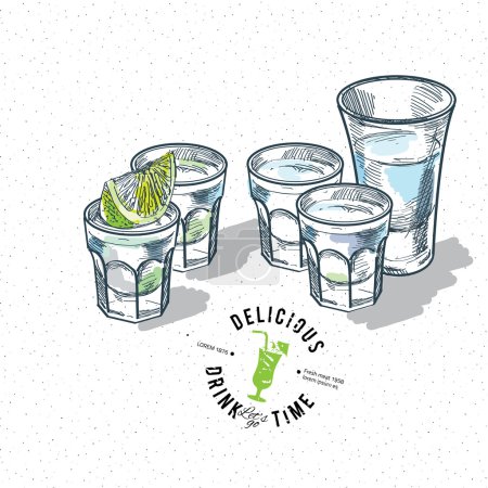 Ilustración de Set de tequila dorado con frutos de lima aislados sobre fondo blanco. Ilustración de acuarela incompleta
. - Imagen libre de derechos