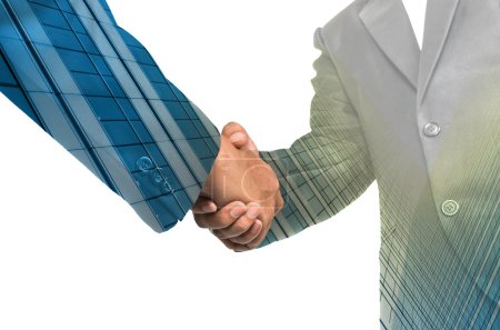 Double exposure handshake between businessmen 