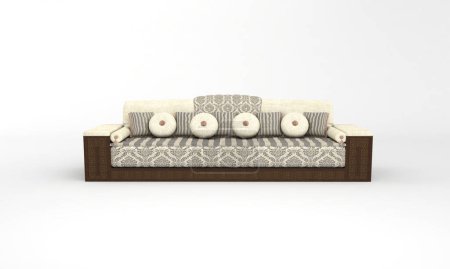 Representación en 3D de un sofá clásico con almohadas redondas en color gris claro y beige aisladas sobre un fondo blanco Representación en 3D de un sofá clásico con almohadas redondas en color gris claro y beige aisladas sobre un fondo blanco
