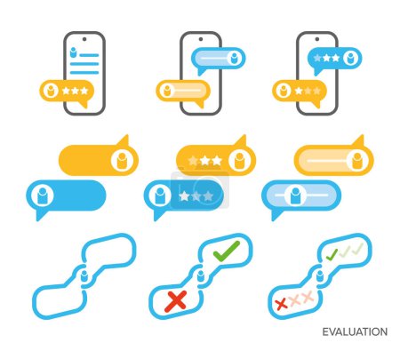 Ilustración de Conjunto de evaluación. feedback conjunto de iconos de burbuja de voz. Diseño vectorial. Comentario vector icono. Símbolo del icono de la burbuja del habla. Mensaje - icono de vector de colores sobre un fondo blanco. - Imagen libre de derechos