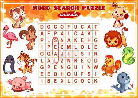 Photo for Educational game for kids, word search. Word search puzzle with animals. Worksheet for class or at home with the kids. A4 size. Horizontal orientation. - Royalty Free Image