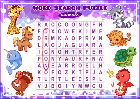 Illustration for Educational game for kids, word search. Word search puzzle with animals. Worksheet for class or at home with the kids. A4 size. Horizontal orientation. - Royalty Free Image