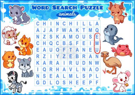 Illustration for Educational game for kids, word search. Word search puzzle with animals. Worksheet for class or at home with the kids. A4 size. Horizontal orientation. - Royalty Free Image