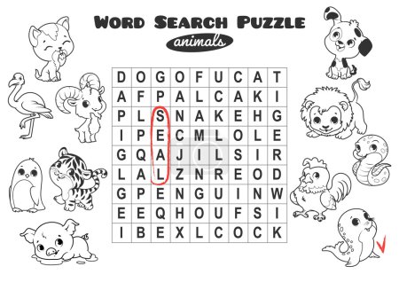 Illustration for Educational game for kids, word search. Word search puzzle with animals. Worksheet for class or at home with the kids. A4 size. Horizontal orientation. - Royalty Free Image