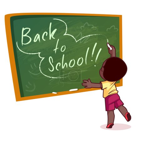 Illustration for Little African American boy writing on a school board with chalk. Vector illustration on a white background. Back to school. - Royalty Free Image