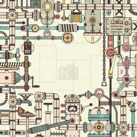 Ilustración de Marco de las piezas de la máquina, conjuntos, dispositivos, tuberías de enclavamiento. Textura retro, mecanismos, fondo en capas separadas. - Imagen libre de derechos