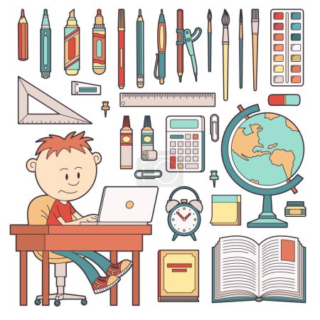 Illustration for Schoolboy sits at a table with a laptop. School office supplies. Vector illustration. - Royalty Free Image