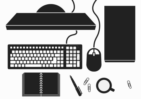 Desktop with Computer PC , keyboard , mouse , case , disk drive , monitor screen , book , pen , cup , paper clip ) ( Silhouette ) ( Bird eye view ) ( Modern style ) ( Electric appliance )