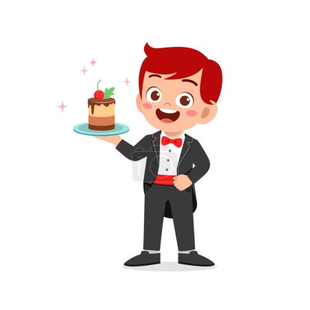 feliz lindo niño niño y niña waring camarero uniforme y celebración brithday pastel