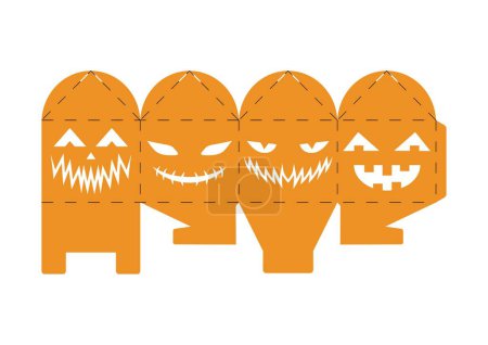 Caja de regalo de Halloween con calabazas de miedo. Jack-o-lantern paquete de fiesta de regalo facial para dulces, dulces, pequeños regalos, panadería. Plantilla de troquel de paquete simple para corte láser. Ilustración de stock vectorial