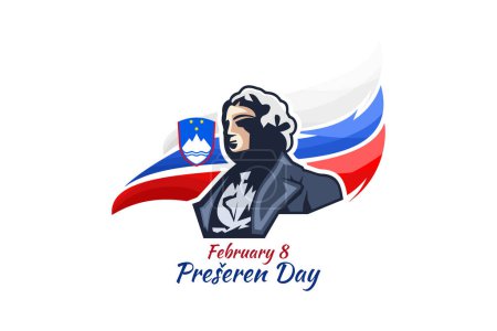 8 de febrero, Feliz Día de Preeren, Preeren significa Francia Preeren, poeta nacional esloveno. Ilustración vectorial. Adecuado para tarjeta de felicitación, póster y pancarta. 