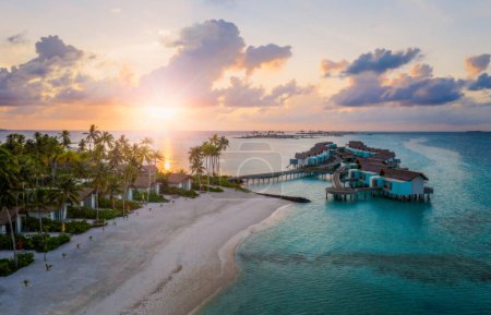 Téléchargez les photos : Vue imprenable sur les oiseaux aux Maldives île d'Ehmafushi carrefour des Maldives au lever du soleil. Vue aérienne du drone - en image libre de droit