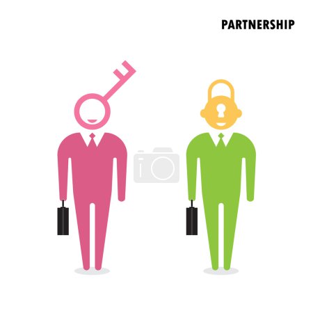 Ilustración de Dos hombres de negocios con un símbolo clave. Concepto de solución empresarial. Diseño plano vector ilustración - Imagen libre de derechos