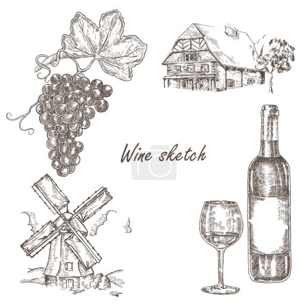 Set de vino. Botella dibujada a mano de vino, vidrio, racimo de uvas, molino de viento

