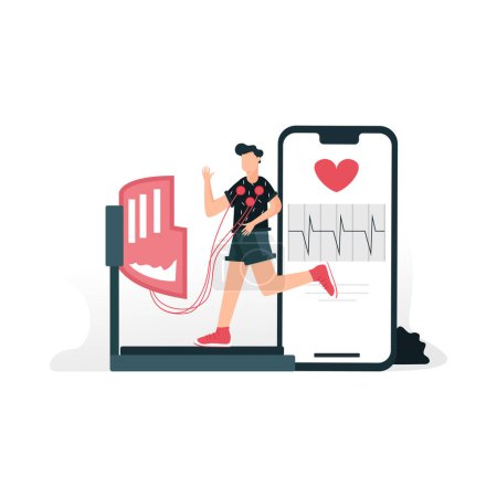 Ilustración de Hombre joven caminando en la cinta de correr de control cardiovascular en la clínica, ilustración vectorial. Concepto de control de frecuencia cardíaca para banner web, página web, etc.. - Imagen libre de derechos