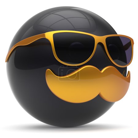 Photo for Cartoon mustache face emoticon ball happy joyful handsome person black golden sunglasses caricature icon. Cheerful eyeglasses laughing fun sphere positive smiley character avatar. 3d render isolated - Royalty Free Image