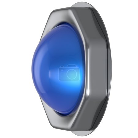 Photo for Push button blue start turn on off action activate switch ignition power electric indicator design element metallic cyan shiny blank led lamp. 3d render isolated - Royalty Free Image