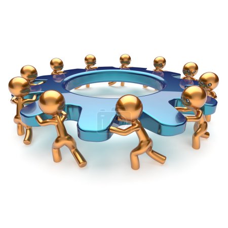 Photo for Teamwork community power business process mans turning gear together. Brainstorming partnership team cooperation relationship workers efficiency concept. 3d render isolated on white - Royalty Free Image