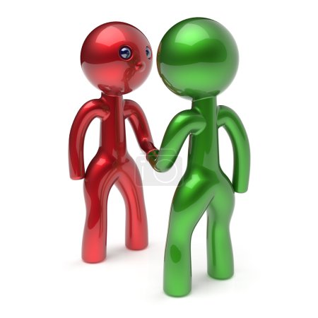 Photo for Business men shaking hand cartoon characters handshake business partners deal 2 different businessman teamwork acquaintance agreement welcome meeting people icon concept red green. 3d render isolated - Royalty Free Image