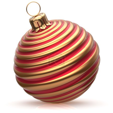 Téléchargez les photos : Boule de Noël Décoration de la Saint-Sylvestre boule rouge or hivernal pendaison ornement classique. Traditionnel joyeux ornement vacances d'hiver Joyeux événement de Noël symbole blanc brillant. 3d rendu isolé - en image libre de droit