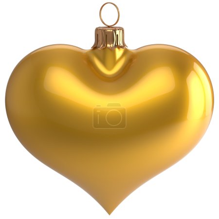 Photo for Heart shape Christmas ball New Year's Eve love bauble decoration yellow blank adornment. Merry Xmas traditional wintertime holidays ornament. 3d render isolated on white background - Royalty Free Image
