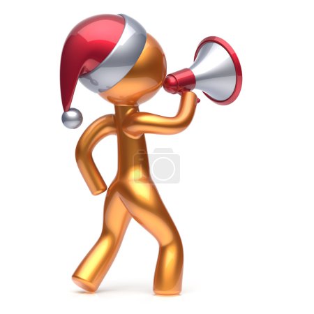 Photo for Merry Christmas character speaking megaphone Santa Claus hat man New Years Eve holiday sale news communication announcement stylized golden human cartoon speaker person Xmas figure 3d render isolated - Royalty Free Image