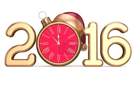 Photo for New 2016 Year's Eve beginning clock Santa hat Christmas ball bauble decoration Xmas happy wintertime holidays midnight stylized future countdown calendar date adornment traditional. 3d render isolated - Royalty Free Image