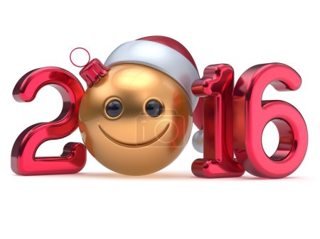 Photo for New 2016 Year's Eve calendar date Smiley face emoticon bauble Christmas ball cartoon decoration golden red. Happy Merry Xmas cheerful funny smile Santa hat joyful person laughing character. 3d render - Royalty Free Image
