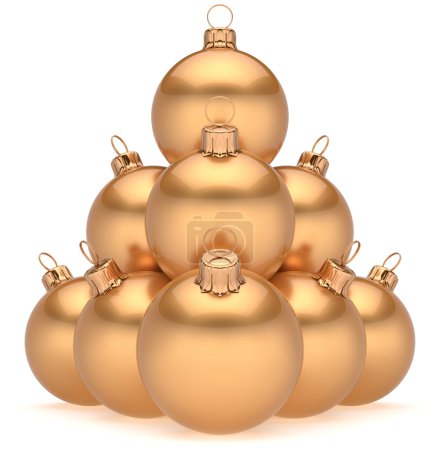 Photo for Christmas ball pyramid golden New Year's Eve bauble group adornment decoration yellow spheres ornament gold. Happy Merry Xmas traditional wintertime holidays celebrate greeting card concept. 3d render - Royalty Free Image