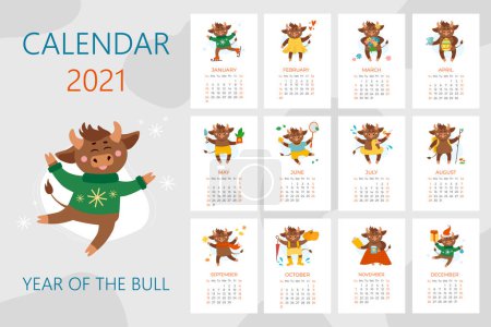 Téléchargez les photos : Illustrations vectorielles de calendrier pour 2021. Année du concept de vache, bœuf ou taureau. Vacances de Noël, illustrations de Noël - en image libre de droit