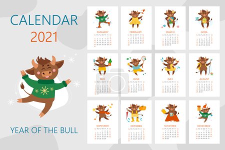 Vector calendar illustrations for 2021. Year of cow, ox or bull concept. Christmas holidays, xmas illustrations