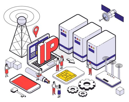 Ilustración de Isométrico web hosting concepto de color con diferentes elementos de alojamiento y herramientas digitales de ilustración vectorial - Imagen libre de derechos