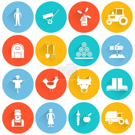 Ilustración de Icono de granja conjunto plano con tractor de cosecha y productos agrícolas ilustración vectorial aislado - Imagen libre de derechos
